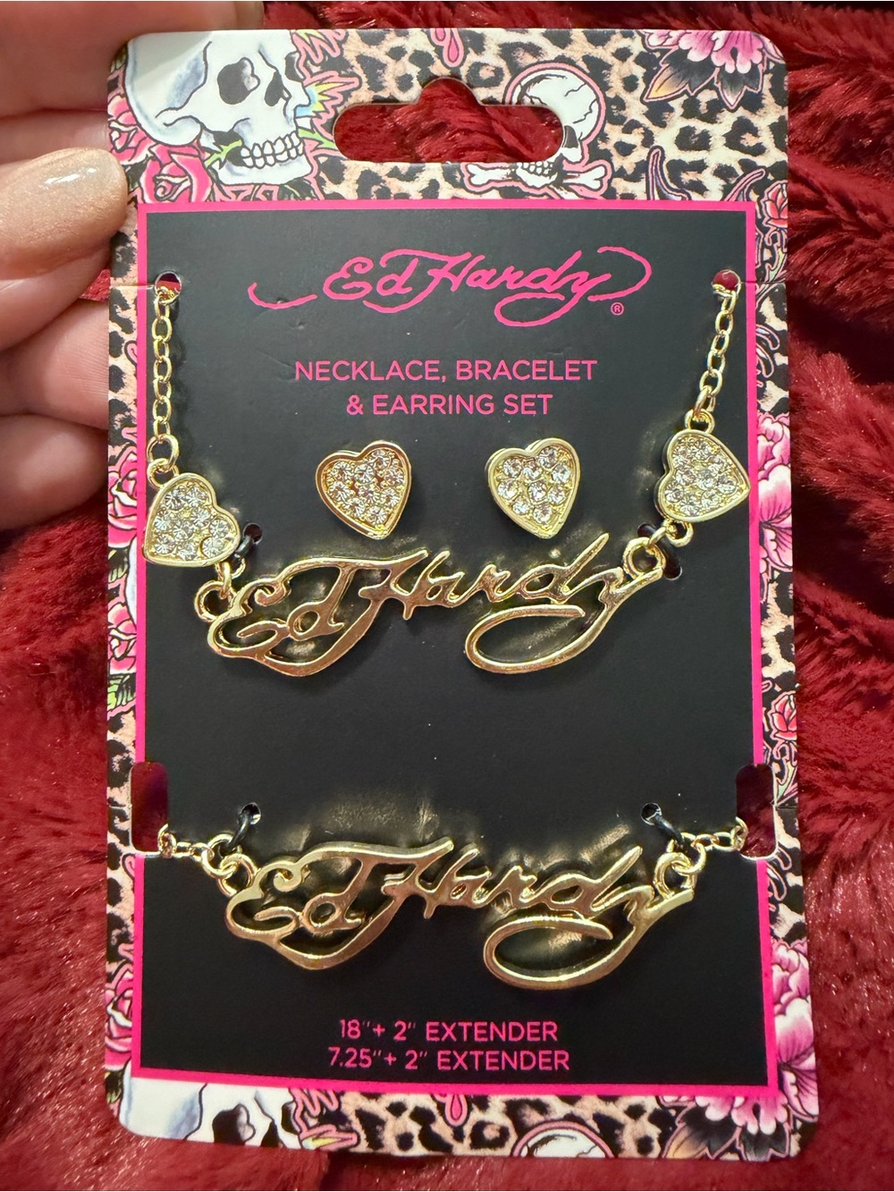 NWT Ed Hardy Set: Gold Script Logo Necklace, Bracelet, & Crystal Heart Earrings